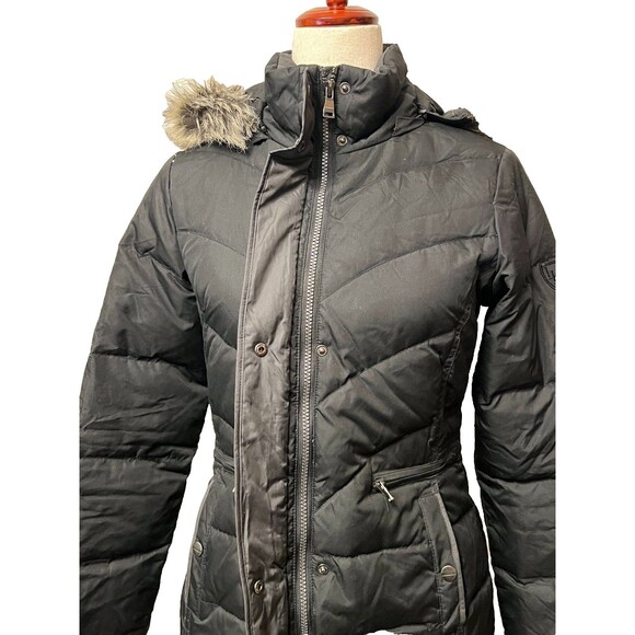 LARRY LEVINE Women's XS Down Puffer Coat Jacket Black Faux Fur Hood Winter Warm - Picture 4 of 12